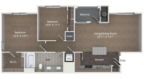 Floor plan for 2 beds, 1 bath, 966 sqft