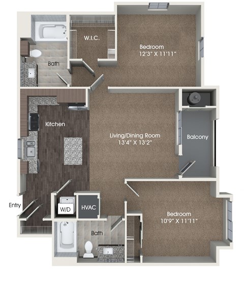 Floor plan for 2 beds, 2 baths, 1015 sqft
