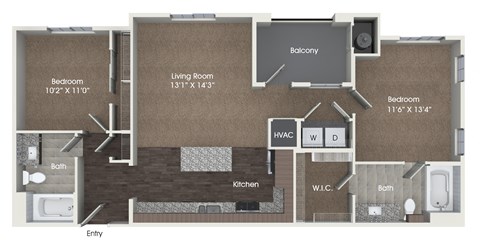 Floor plan for 2 beds, 2 baths, 1033 sqft