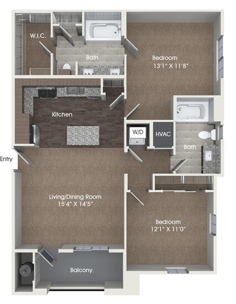 Floor plan for 2 beds, 2 baths, 1033 sqft