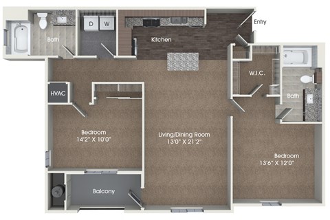 Floor plan for 2 beds, 2 baths, 1207 sqft