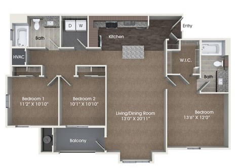 Floor plan for 3 beds, 2 baths, 1346 sqft