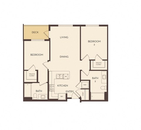 Floor plan for 2 beds, 2 baths, 974 sqft