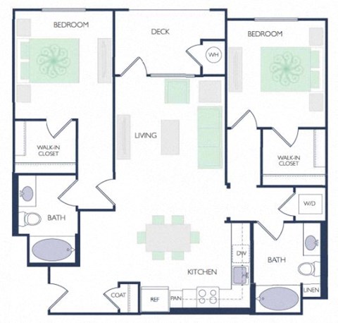 Floor plan for 2 beds, 2 baths, 1135 sqft