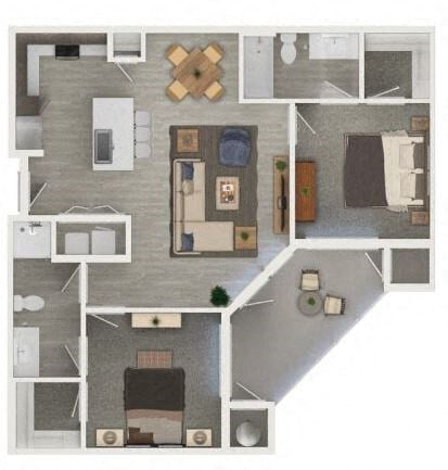 Floor plan for 2 beds, 2 baths, 999 sqft