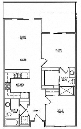 Floor plan for 2 beds, 2 baths, 940 sqft
