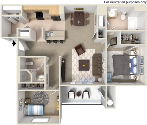 Floor plan for 2 beds, 2 baths, 1083 sqft