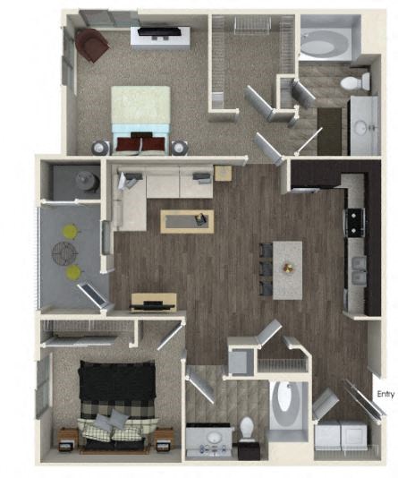 Floor plan for 2 beds, 2 baths, 1041 sqft