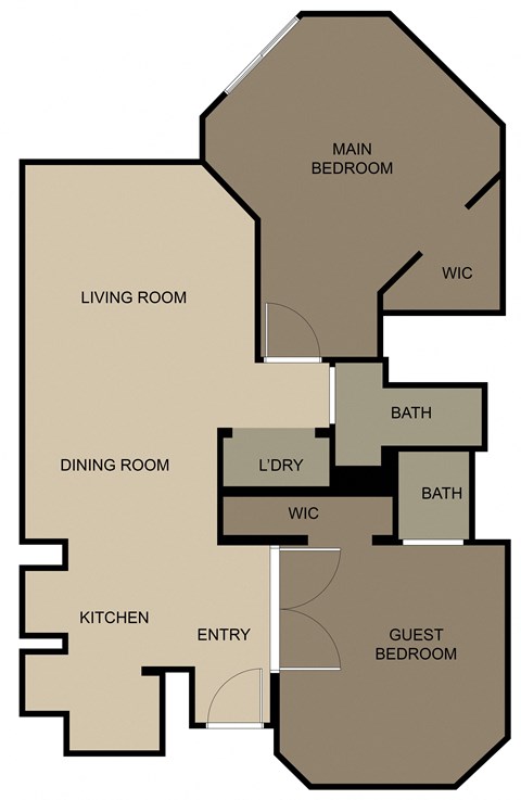 Floor plan for 2 beds, 1 bath, 811 sqft
