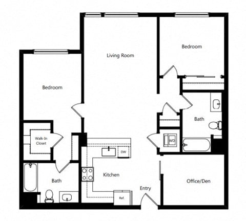Floor plan for 2 beds, 2 baths, 1154 sqft