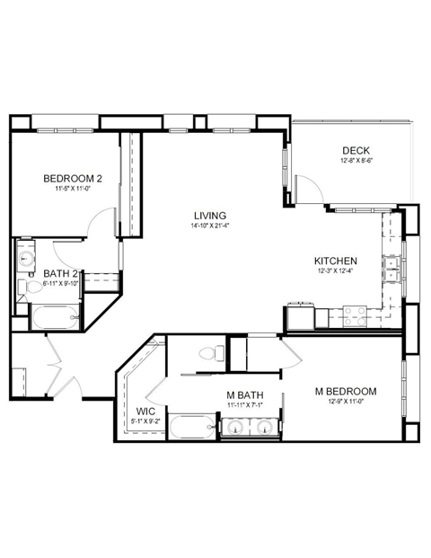 Floor plan for 2 beds, 2 baths, 1263 sqft