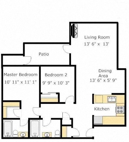 Floor plan for 2 beds, 2 baths, 864 sqft