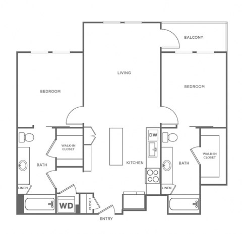 Floor plan for 2 beds, 2 baths, 1064 sqft