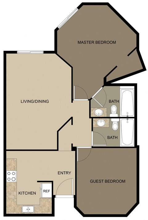 Floor plan for 2 beds, 2 baths, 811 sqft