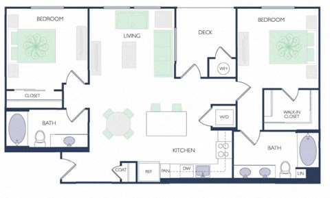 Floor plan for 2 beds, 2 baths, 1142 sqft