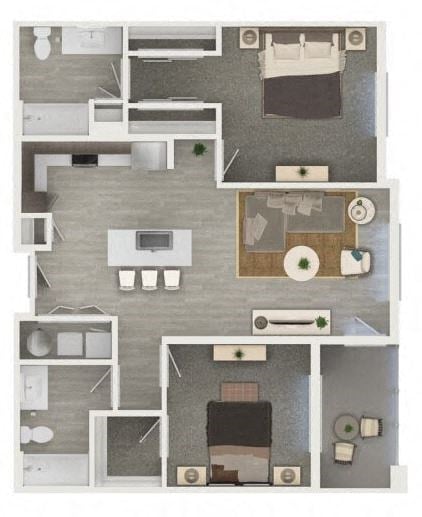 Floor plan for 2 beds, 2 baths, 1022 sqft