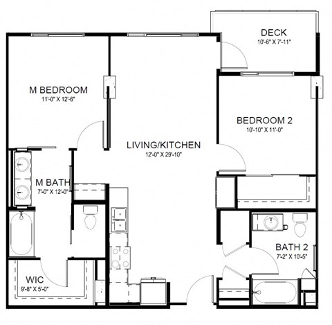 Floor plan for 2 beds, 2 baths, 1052 sqft