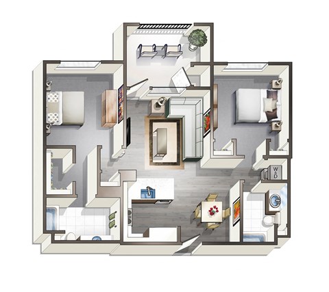 Floor plan for 2 beds, 2 baths, 999 sqft