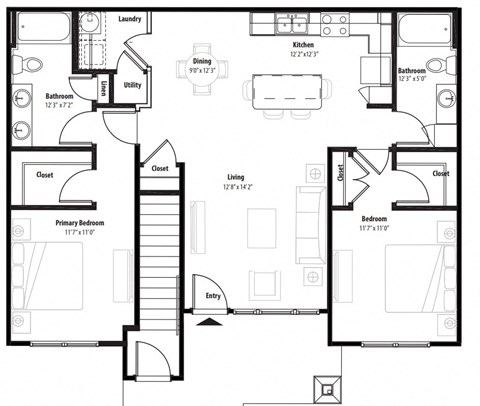 Floor plan for 2 beds, 2 baths, 1088 sqft