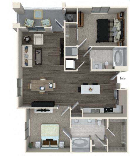 Floor plan for 2 beds, 2 baths, 1107 sqft