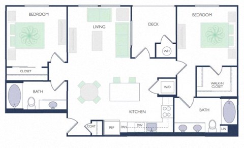 Floor plan for 2 beds, 2 baths, 1123 sqft