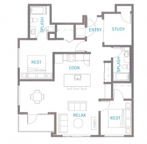 Floor plan for 2 beds, 2 baths, 1213 sqft