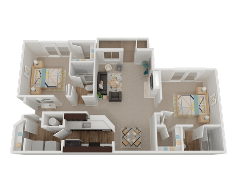 Floor plan for 2 beds, 2 baths, 1051 sqft