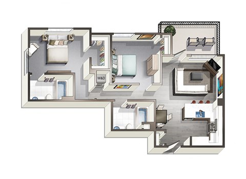 Floor plan for 2 beds, 2 baths, 935 sqft