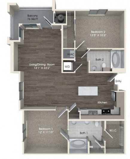Floor plan for 2 beds, 2 baths, 1128 sqft