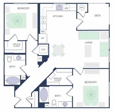 Floor plan for 2 beds, 2 baths, 1152 sqft
