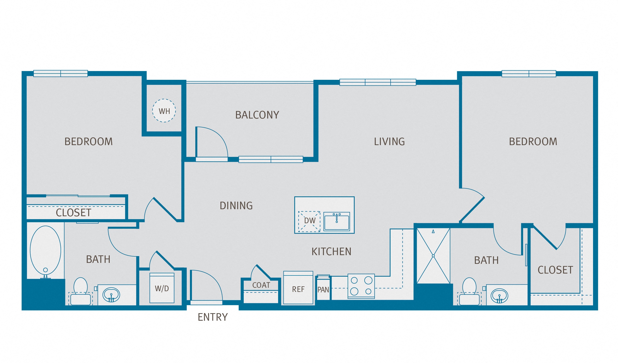 Floor plan for 2 beds, 2 baths, 1046 sqft