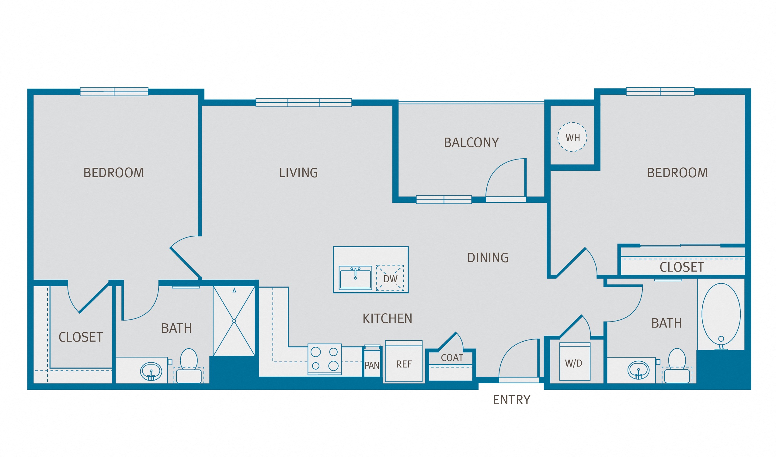Floor plan for 2 beds, 2 baths, 1070 sqft