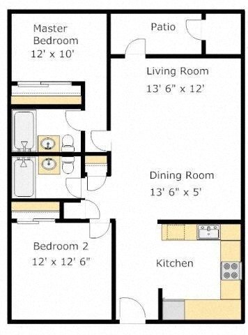 Floor plan for 2 beds, 2 baths, 901 sqft