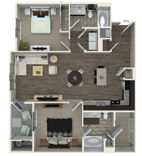 Floor plan for 2 beds, 2 baths, 1131 sqft