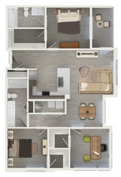 Floor plan for 3 beds, 2 baths, 1244 sqft