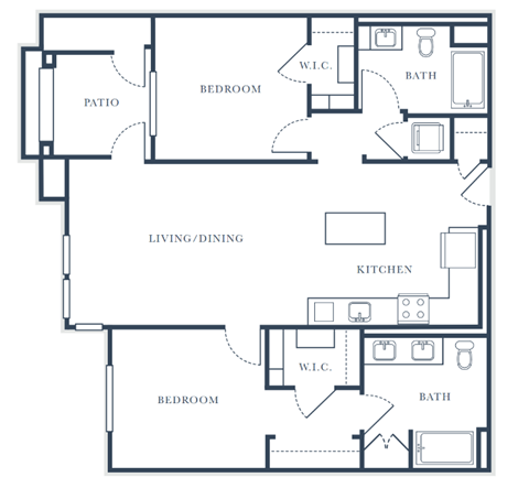 Floor plan for 2 beds, 2 baths, 1101 sqft