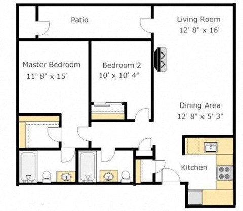Floor plan for 2 beds, 2 baths, 920 sqft