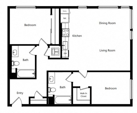 Floor plan for 2 beds, 2 baths, 1100 sqft