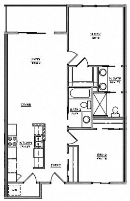 Floor plan for 2 beds, 2 baths, 990 sqft