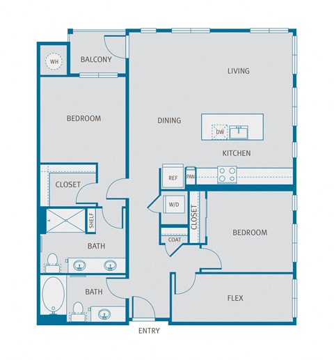 Floor plan for 2 beds, 2 baths, 1238 sqft