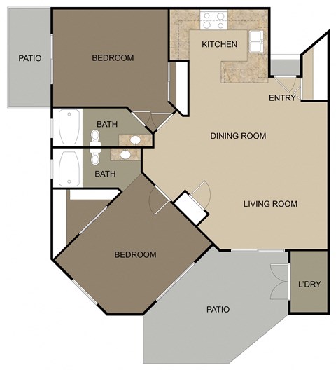 Floor plan for 2 beds, 2 baths, 1152 sqft