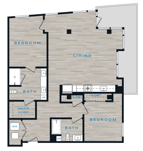 Floor plan for 2 beds, 2 baths, 1270 sqft