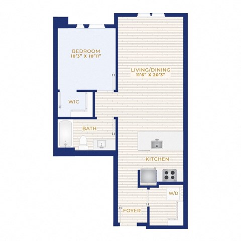 Floor plan for 1 bed, 1 bath, 631 sqft