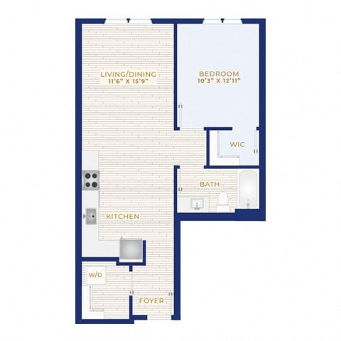 Floor plan for 1 bed, 1 bath, 646 sqft
