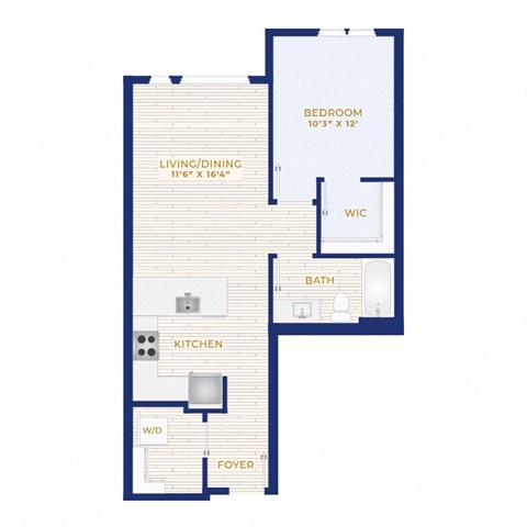 Floor plan for 1 bed, 1 bath, 709 sqft