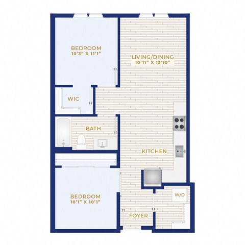 Floor plan for 2 beds, 1 bath, 831 sqft