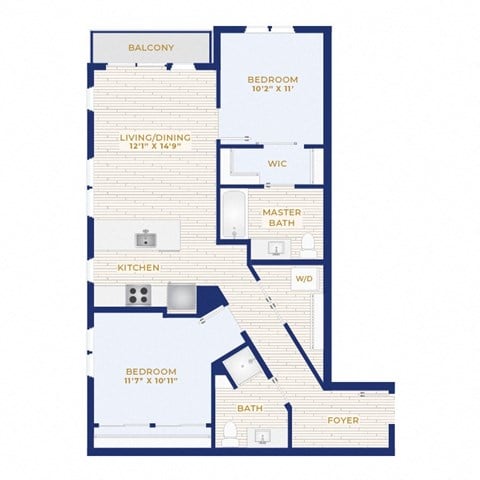 Floor plan for 2 beds, 2 baths, 993 sqft