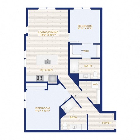 Floor plan for 2 beds, 2 baths, 1127 sqft