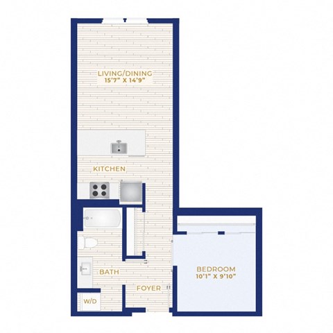 Floor plan for 1 bed, 1 bath, 613 sqft