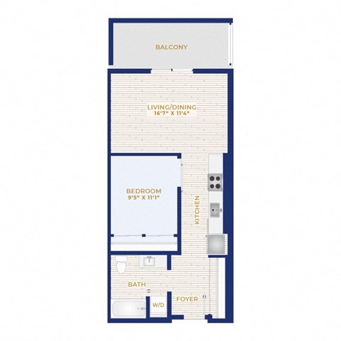 Floor plan for 1 bed, 1 bath, 645 sqft
